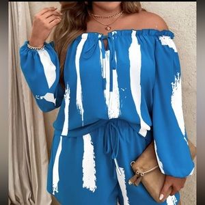 Plus Brush Print Off Shoulder Lantern Sleeve Top & Shorts